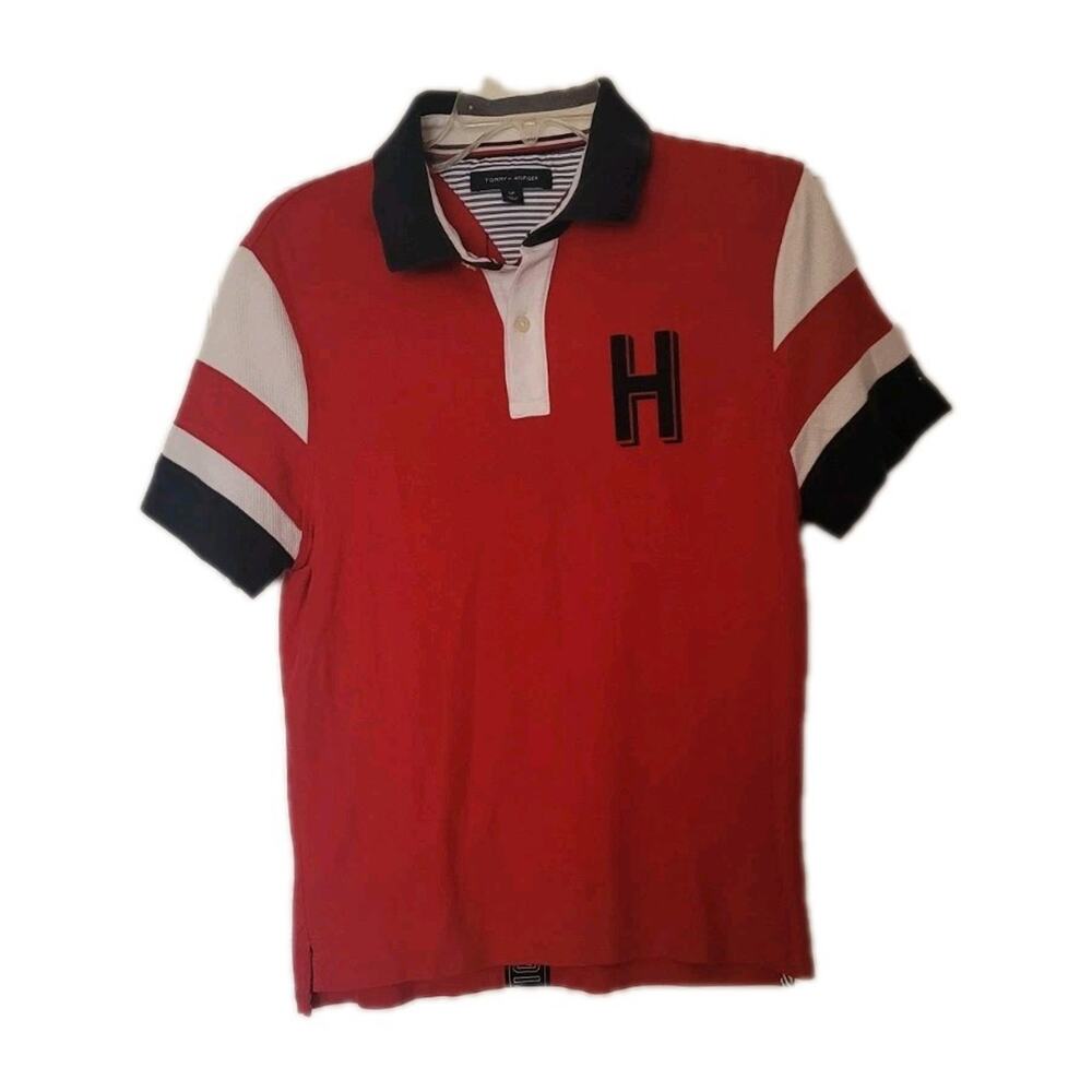 Vintage Tommy Hilfiger Polo Red w/ blue Hilfiger panel in center of back, Size S